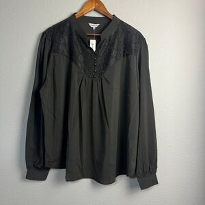 NWT Summer Bird XXL Black Blouse Long Sleeve Lace Detail Victorian Button Up Top
